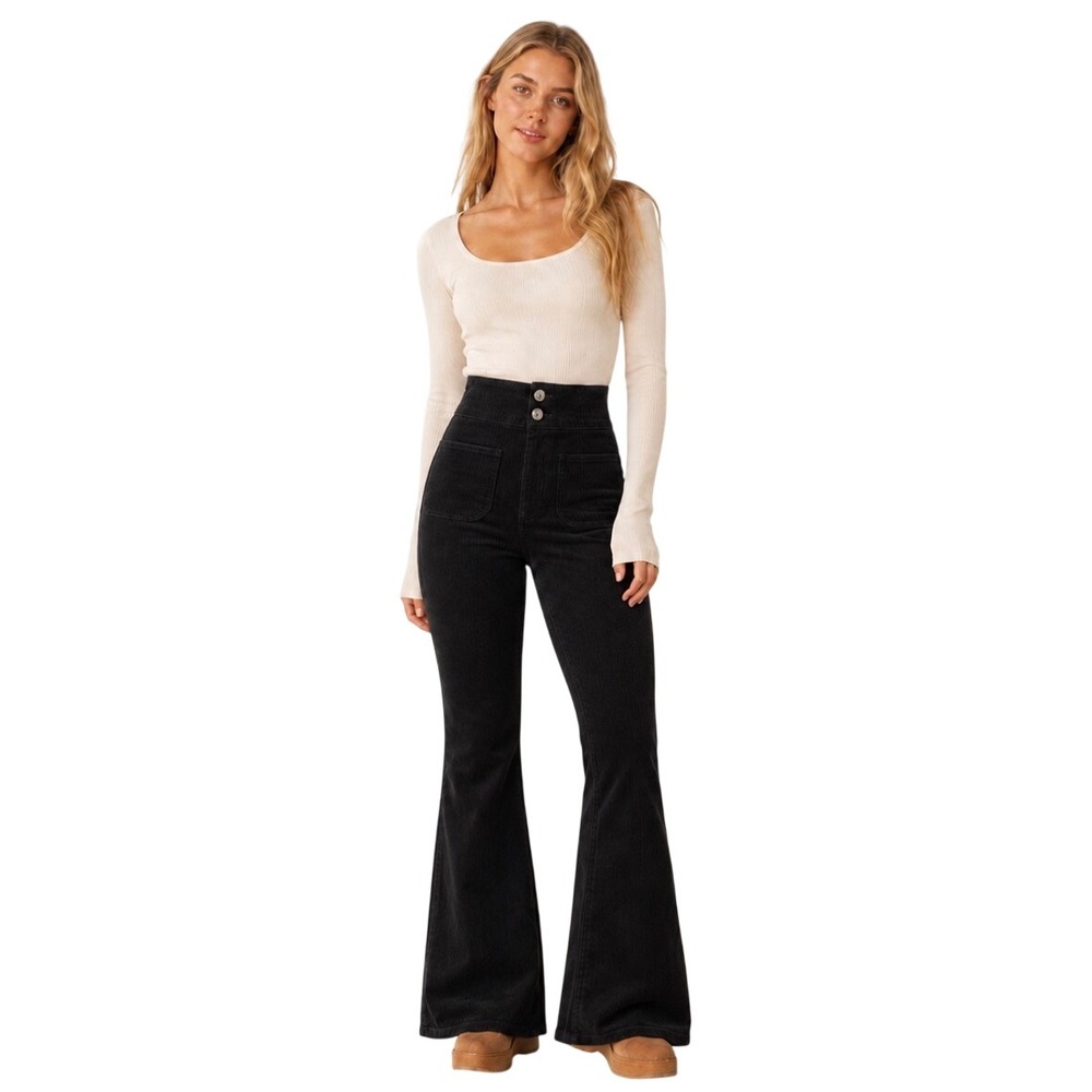 NWT Free People We The Free Jayde Black Corduroy High Rise Flare Pants 25